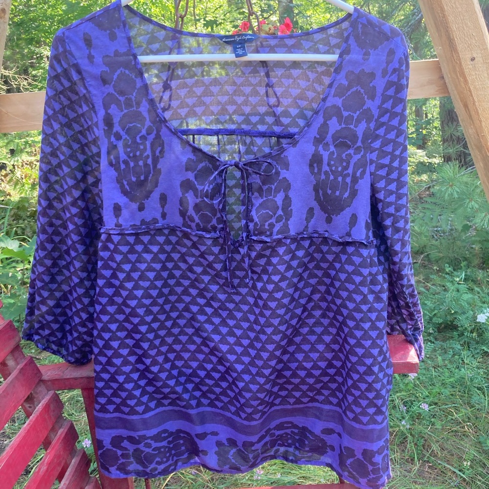 Boho AMERICAN EAGLE Top 3/4 Sleeve Light Cotton Boho Blouse Small Petite